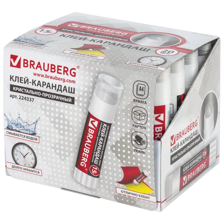 Клей-карандаш BRAUBERG "Crystal", 15 г, прозрачный, 224337, 224337