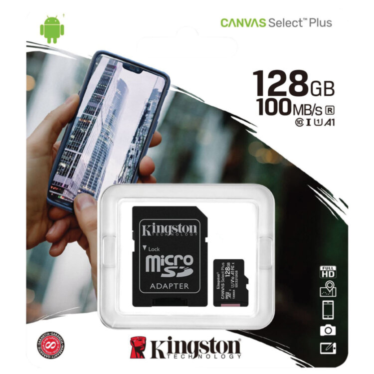 Карта памяти microSDXC 128 GB KINGSTON Canvas Select Plus UHS-I U1,100 Мб/с (class 10), адаптер, SDCS2/128 GB, SDCS2/128GB, 513194