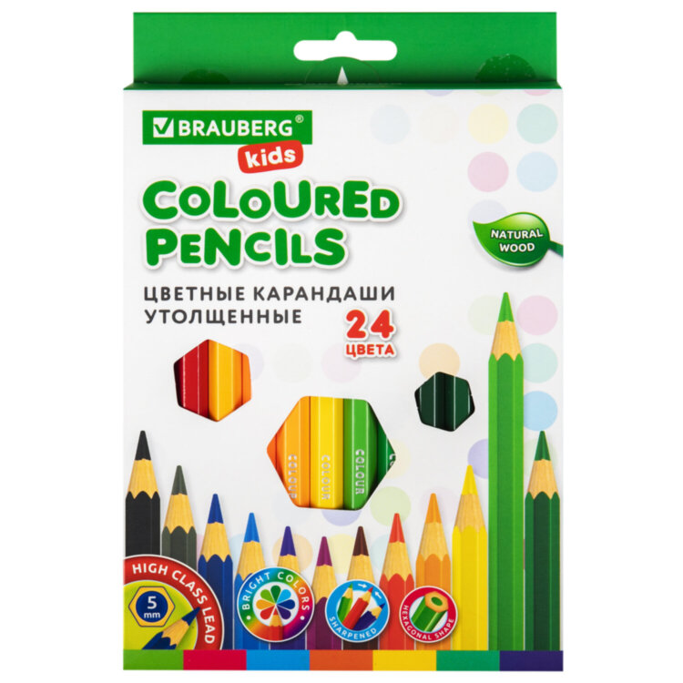 Карандаши цветные утолщенные BRAUBERG KIDS, 24 цвета, шестигранные, грифель 5 мм, натуральное дерево, 181879, 181879