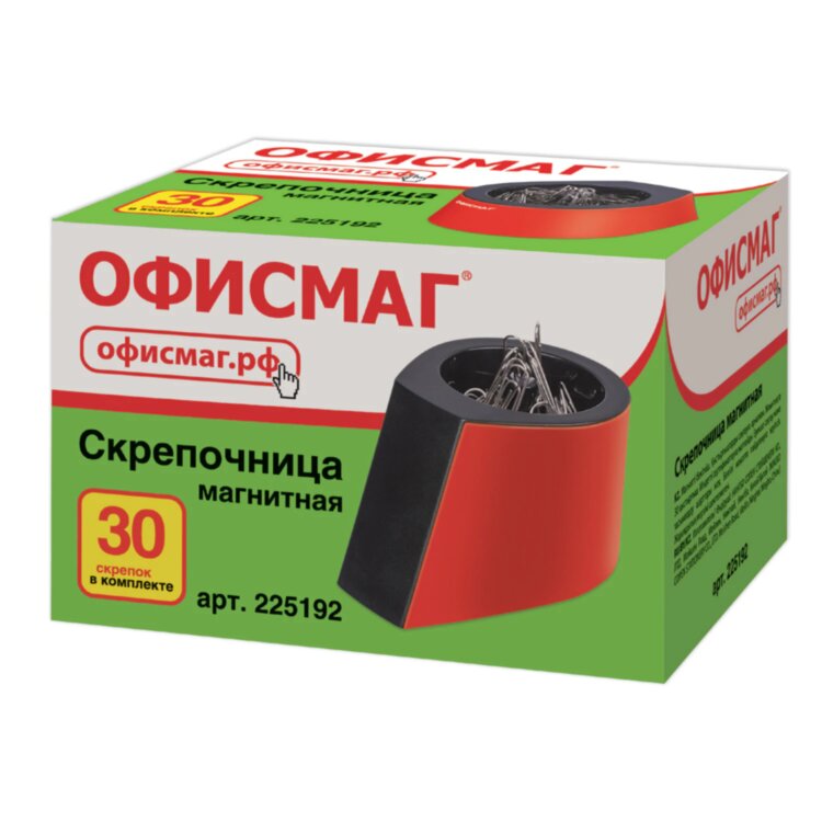 Скрепочница магнитная ОФИСМАГ с 30 скрепками, стильный корпус, красно-черная, 225192, 225192