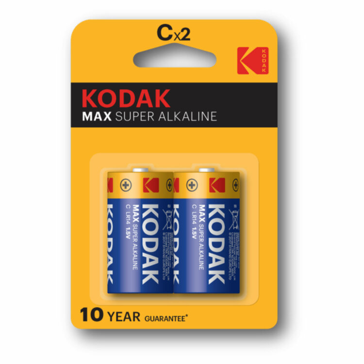Батарейки алкалиновые КОМПЛЕКТ 2 шт., KODAK Max Super Alkaline, C (LR14, 14А), блистер, Б0005123, 457380