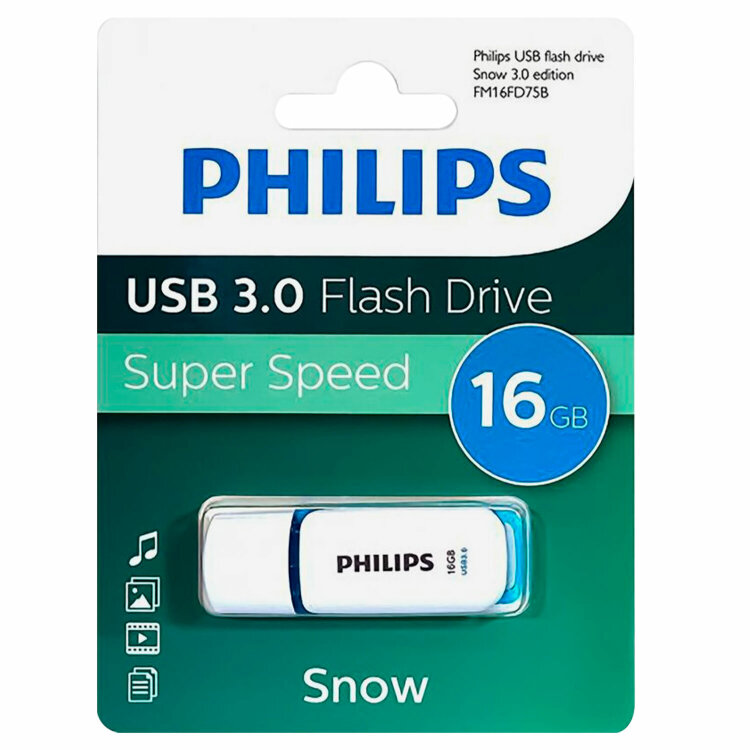 Флеш-диск 16 GB PHILIPS SNOW, разъем USB 3.0, синий, FM16FD75B/97, 514083
