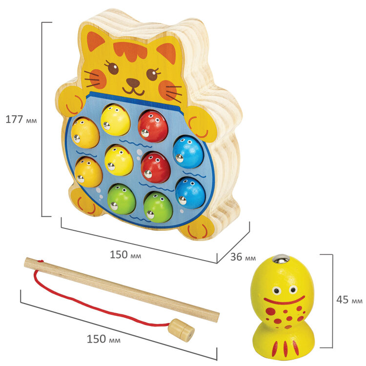 Сортер-рыбалка магнитный деревянный развивающий "Кот", BRAUBERG KIDS, 665246, 665246