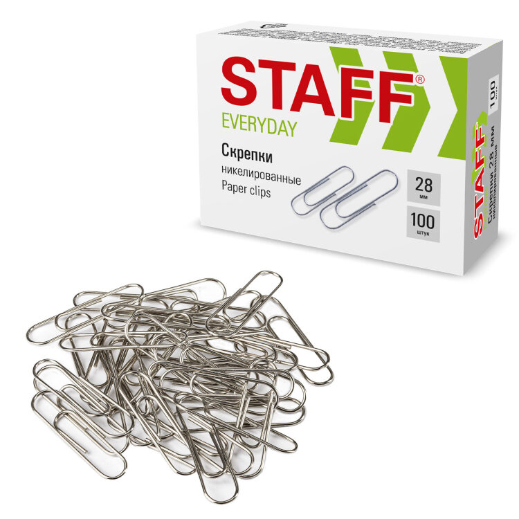 Скрепки STAFF "EVERYDAY", 28 мм, никелированные, 100 шт., в картонной коробке, 226758, 226758