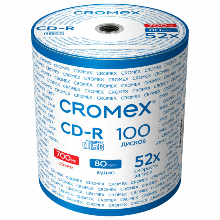 Диски CD-R CROMEX, 700 Mb, 52x, Bulk (термоусадка без шпиля), КОМПЛЕКТ 100 шт., 513779, 513779
