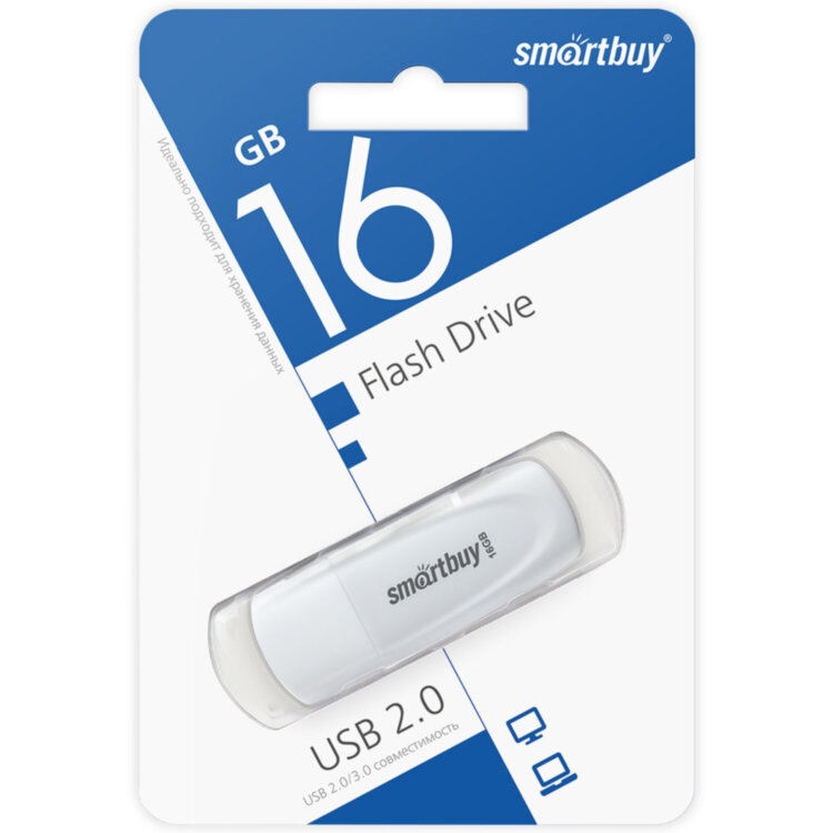 Флеш-диск 16 GB SMARTBUY Scout USB 2.0, белый, SB016GB2SCW, 513765