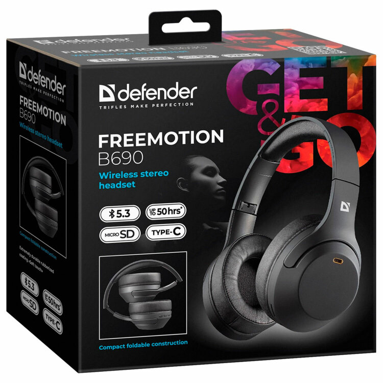 Наушники с микрофоном (гарнитура) DEFENDER FreeMotion B690, Bluetooth, беспроводные, черные, 63690, 514038