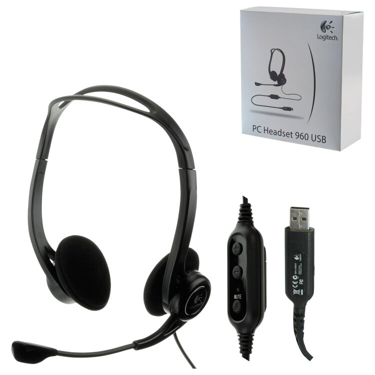 Наушники с микрофоном (гарнитура) LOGITECH PC 960, проводная, компьютерная, 2,4 м, стерео, USB, черная, 511386