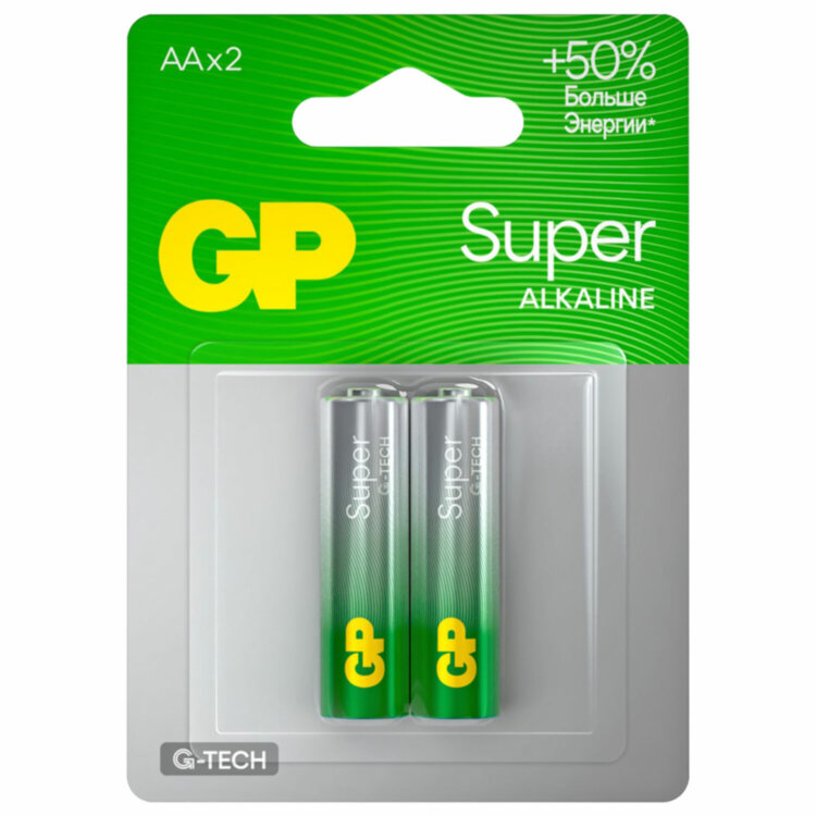Батарейки КОМПЛЕКТ 2 шт., GP Super G-Tech, AA (LR6, 15А), алкалиновые, пальчиковые, блистер, 15A-2CR2, 456683