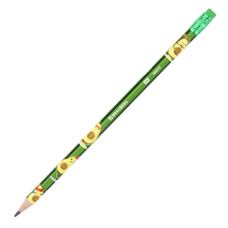 Карандаш чернографитный с принтом BRAUBERG "AVOCADO", 1 шт., HB, с ластиком, корпус ассорти, 182015, 72 штук, 182015
