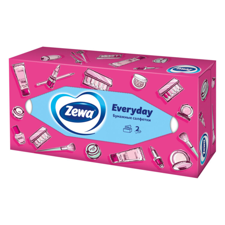 Салфетки косметические 100 штук в картонном боксе, 2-слойные, ZEMMA/ZEWA Everyday, 62861, 124758