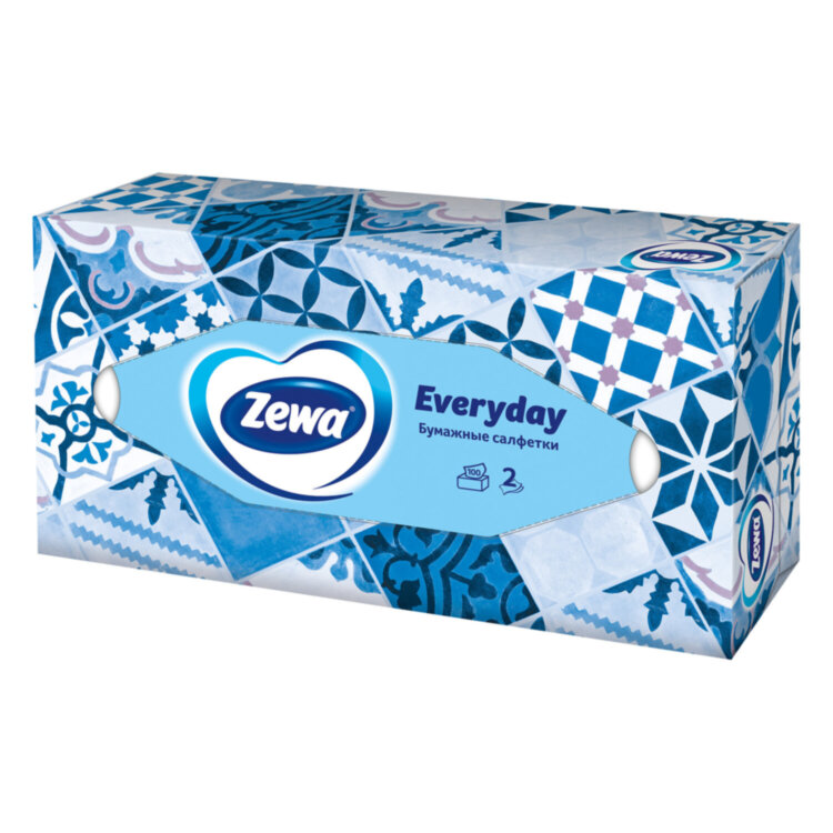 Салфетки косметические 100 штук в картонном боксе, 2-слойные, ZEMMA/ZEWA Everyday, 62861, 124758