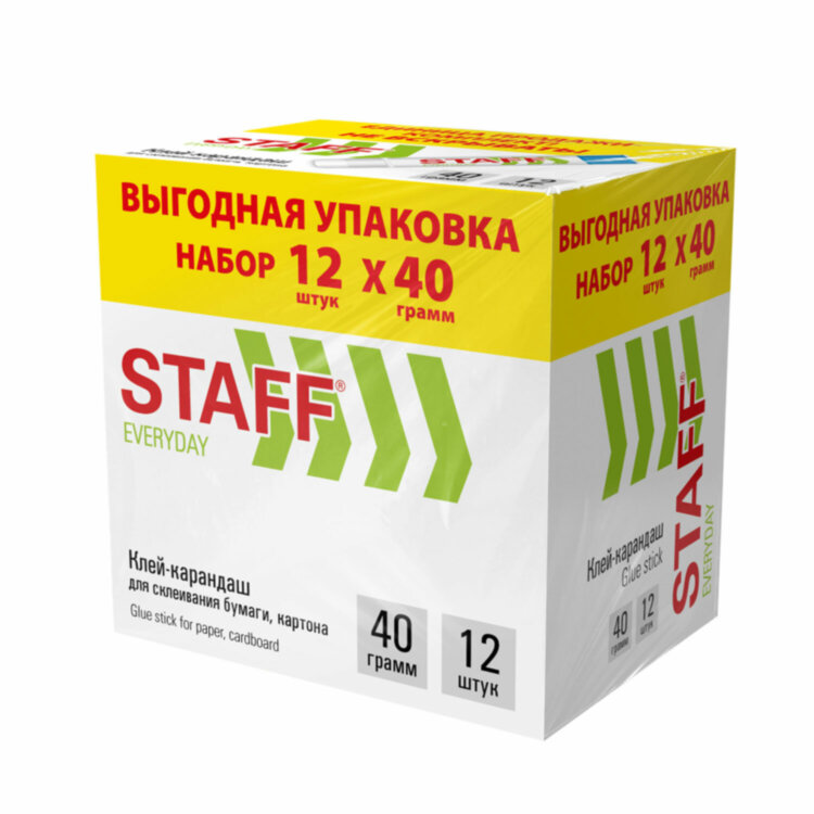 Клей-карандаш 40 г, ВЫГОДНАЯ УПАКОВКА, КОМПЛЕКТ 12 ШТУК, STAFF EVERYDAY, 273019, 273019