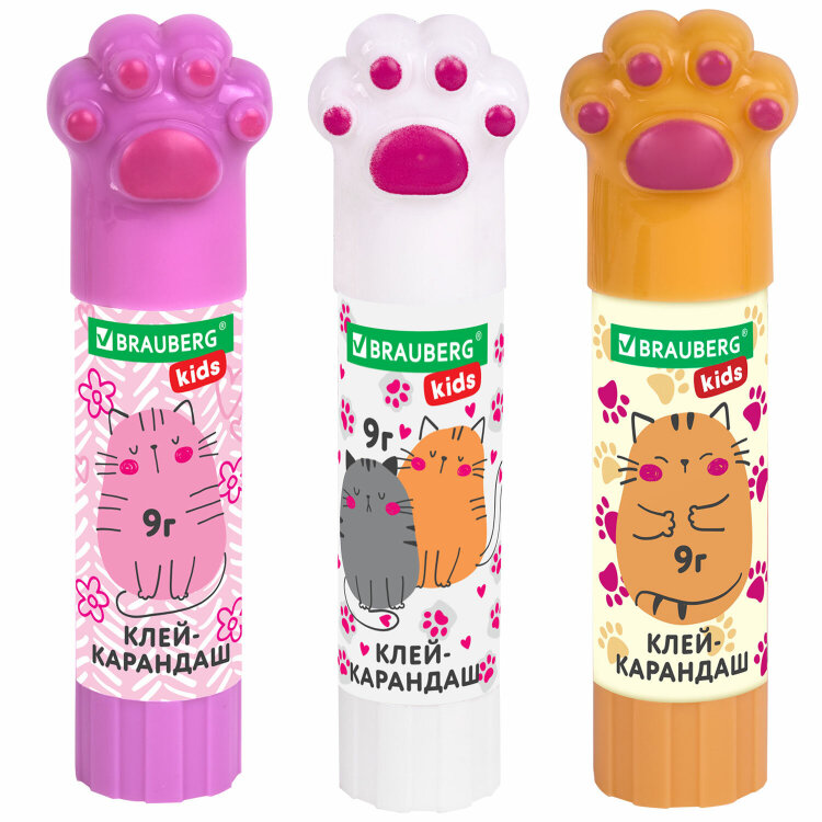 Клей-карандаш "Лапки" Cat Paw, 9 г, фигурный колпачок, BRAUBERG KIDS, 271981, 24 штук, 271981