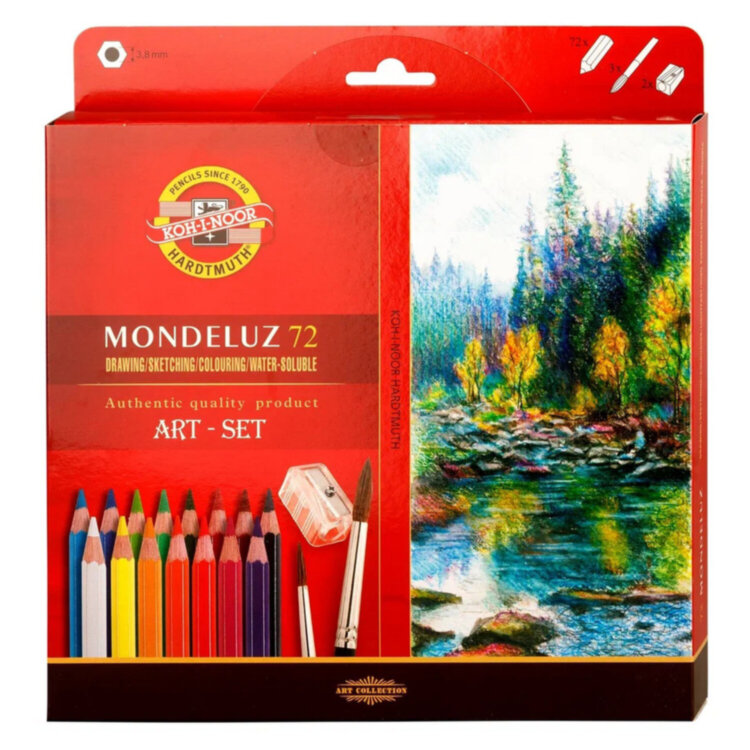 Карандаши цветные акварельные художественные KOH-I-NOOR "Mondeluz", 72 цвета, кисть, точилка, европодвес, 3714/72, 3714072001KZ, 182179