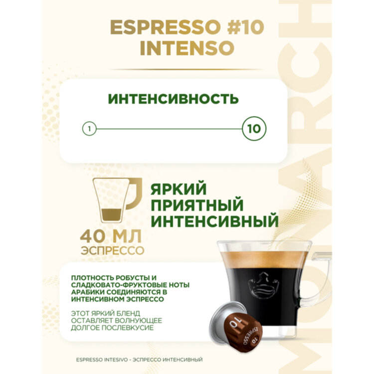 Кофе в капсулах MONARCH "Original" Espresso 10 Intenso для кофемашин Nespresso, 10 порций, 4058904, 622378