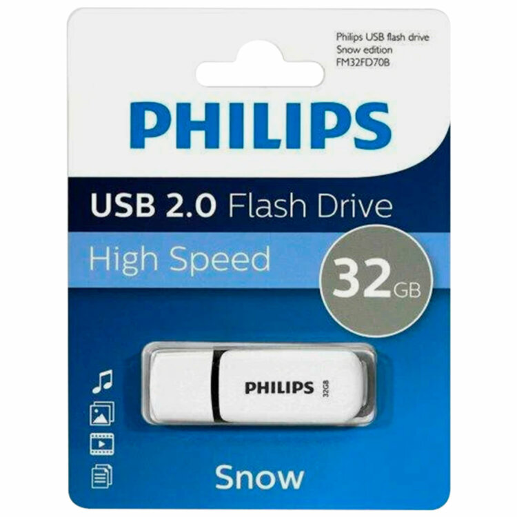 Флеш-диск 32 GB PHILIPS SNOW, разъем USB 2.0, черный, FM32FD70B/97, 514079