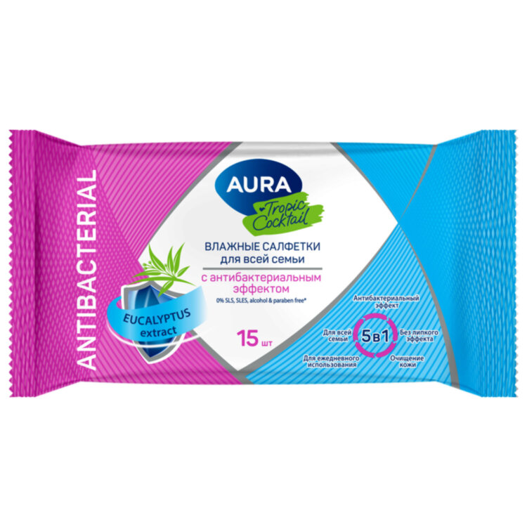 Салфетки влажные 15 шт., AURA Tropic Cocktail, c антибактериальным эффектом, 10388, 117677