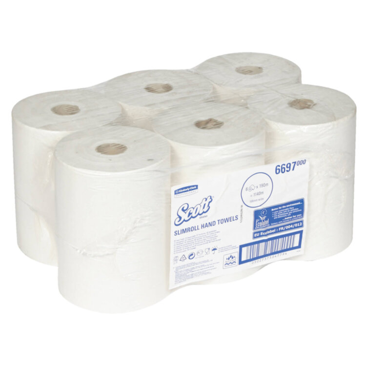 Полотенца бумажные рулонные KIMBERLY-CLARK Scott, КОМПЛЕКТ 6 шт., Slimroll, 190 м, белые, 6697, 117752